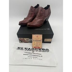 El Vaquero Ankle‎ Boots 38 Brown Leather Western Boho Heel Booties Italy